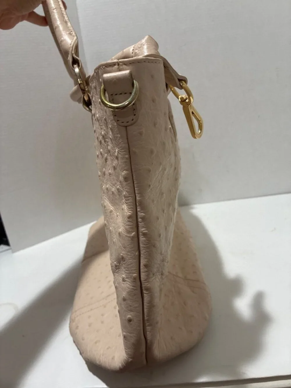 G.I.L.I. cream ostrich-embossed leather satchel gold-tone hardware dual handle
